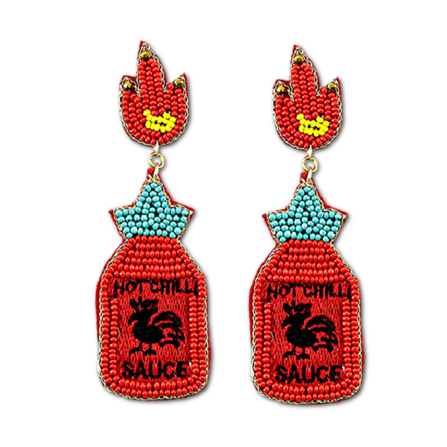 Hot Chili Sriracha Sauce Flaming Bottle Beaded Earrings