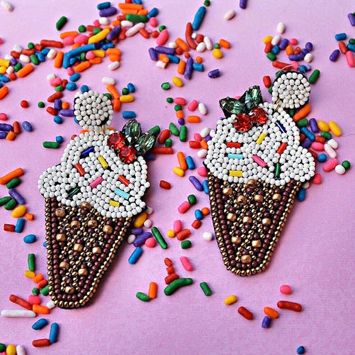 Seed Beaded Cherry Top Ice Cream Cone Earrings