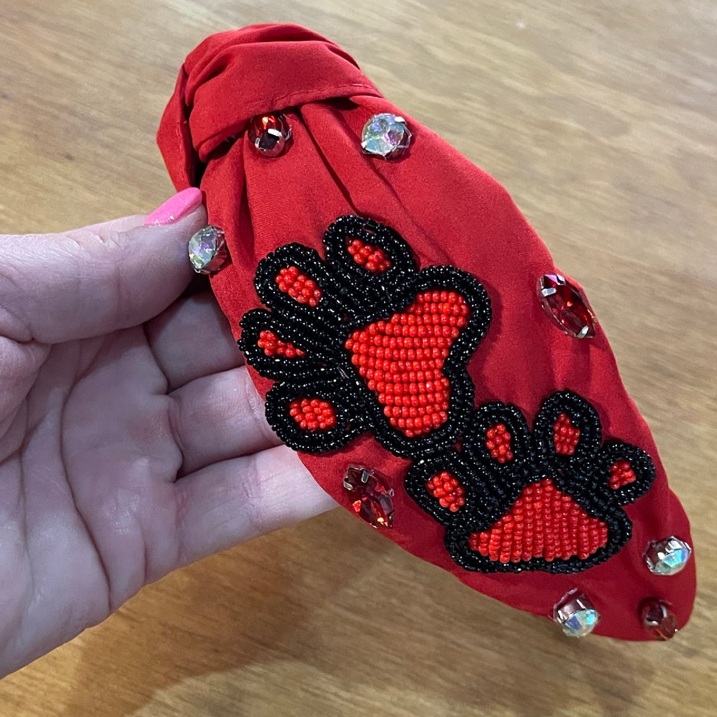 Red Black Beaded Paw Print Football Georgia Colors Headband