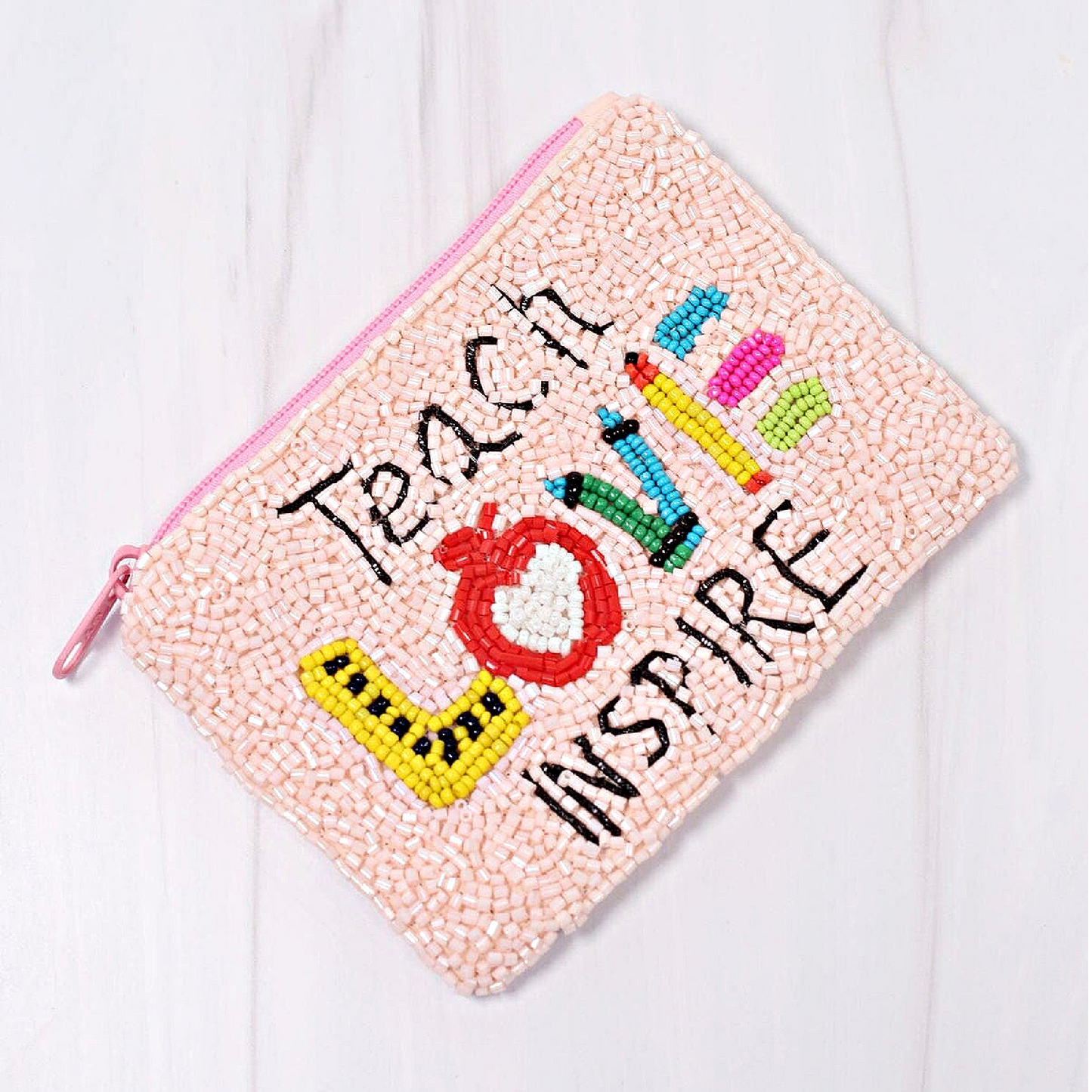 TEACH LOVE INSPIRE Beaded Coin Purse Money Pouch
