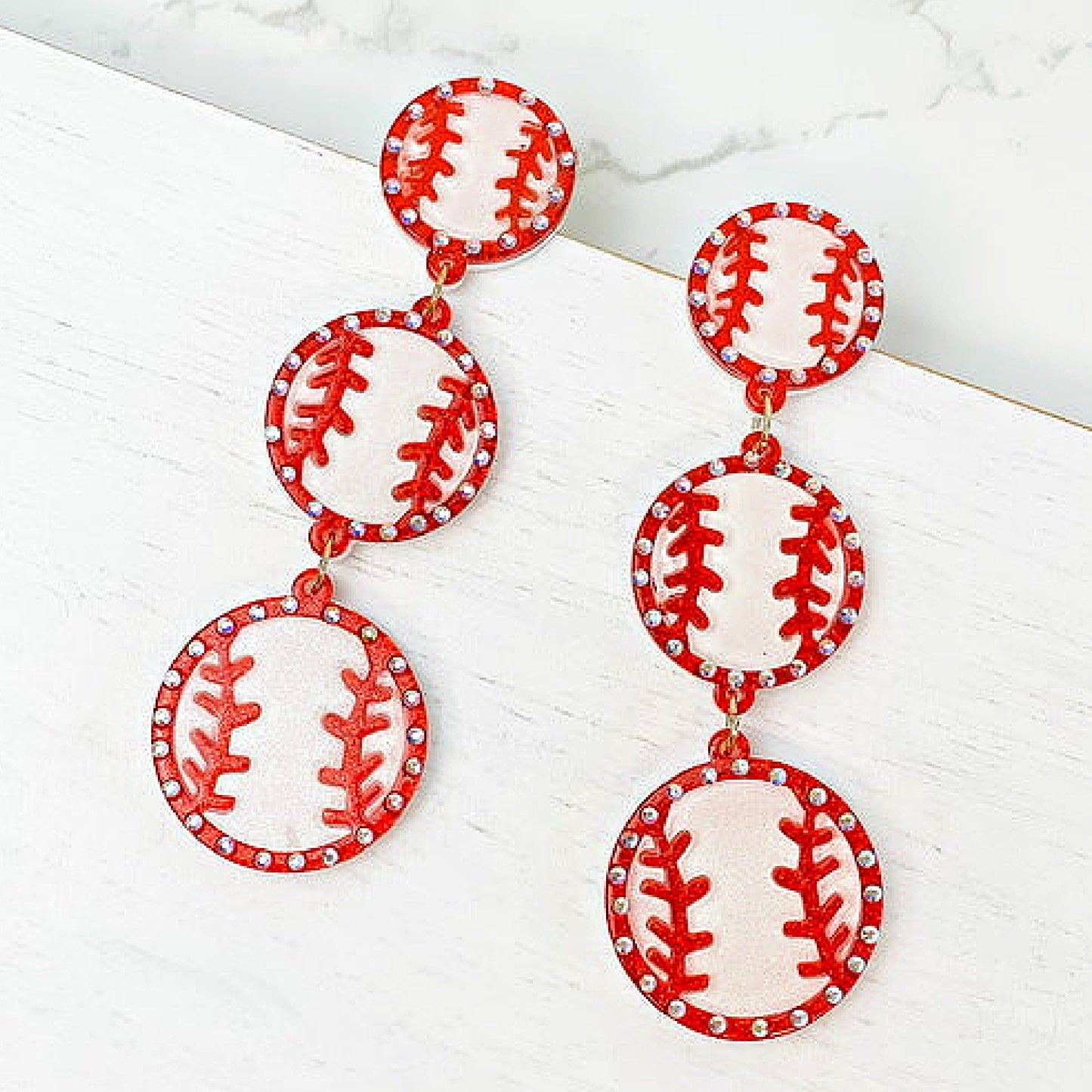 Baseball Theme 3-Tier Dangle Acrylic Rhinestone Earrings