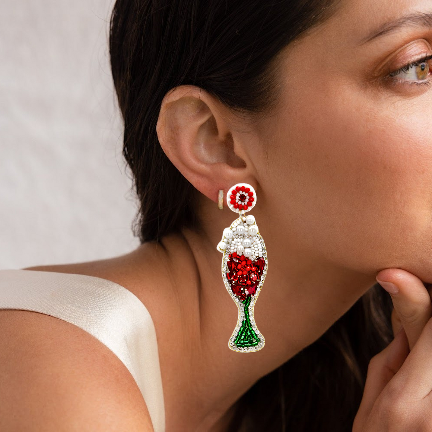 Cranberry Champagne Christmas Beaded Rhinestone Earrings