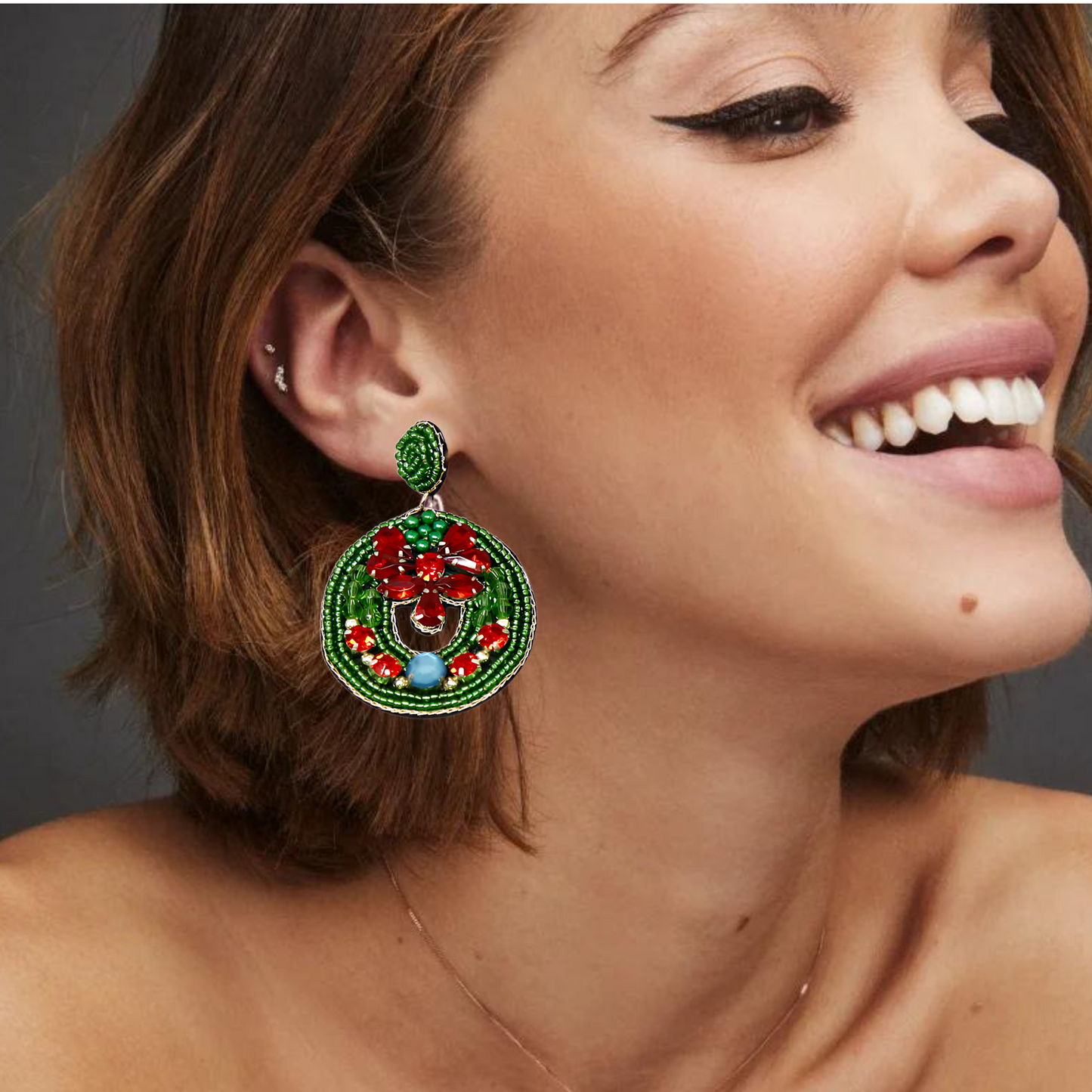 Gem Embellished Beaded Christmas Holiday Wreath Earrings