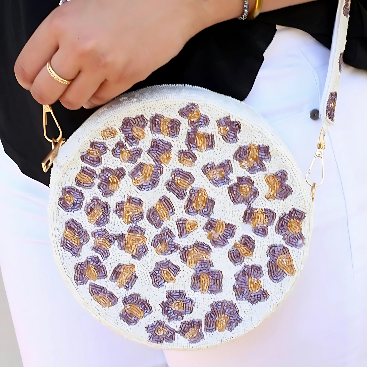 Round Leopard Glass Seed Beaded Handbag With Bead Strap