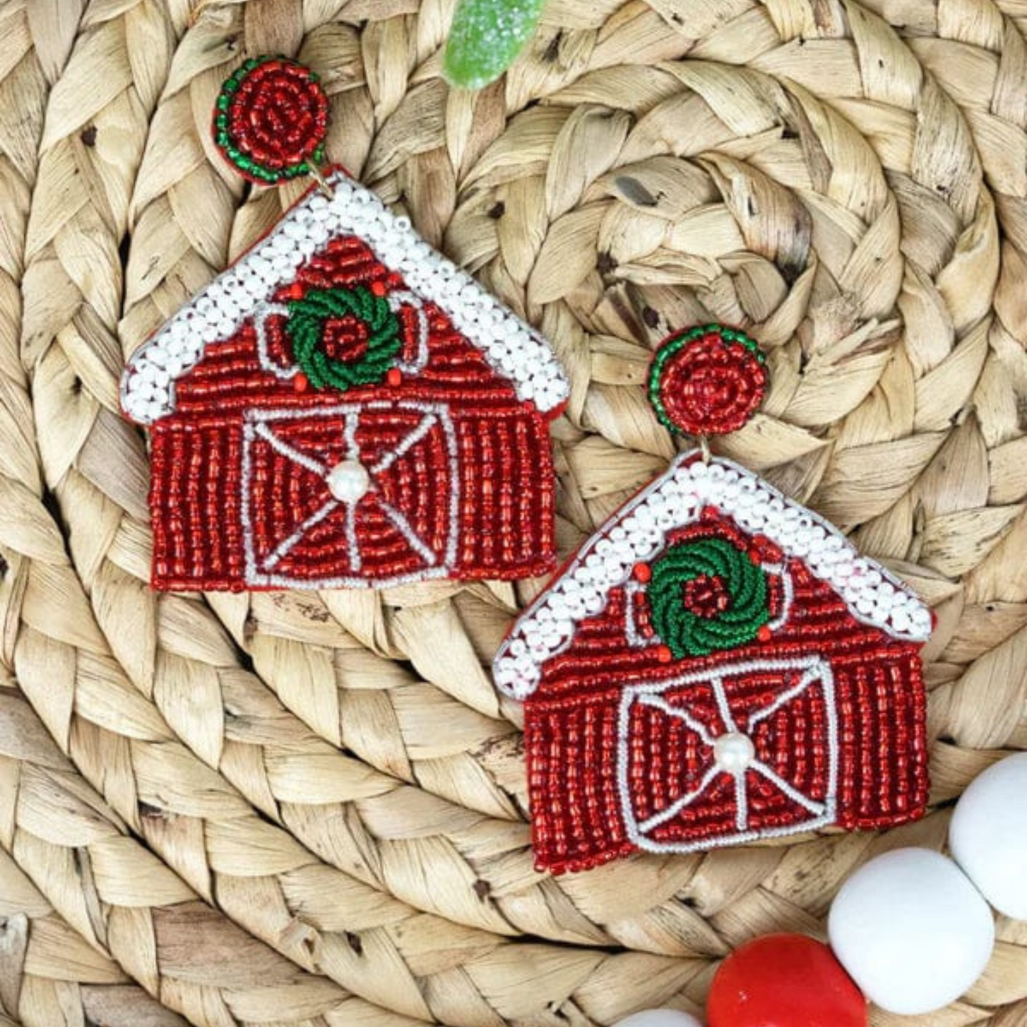 Country Christmas Beaded Western Red Barn Farm Earrings