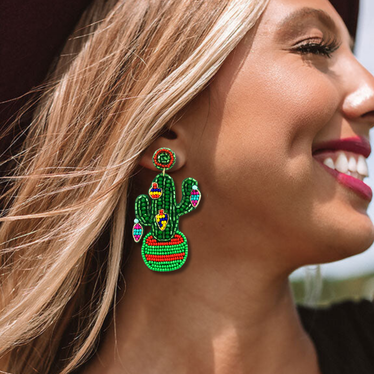 Christmas Cactus Western Holiday Beaded Earrings