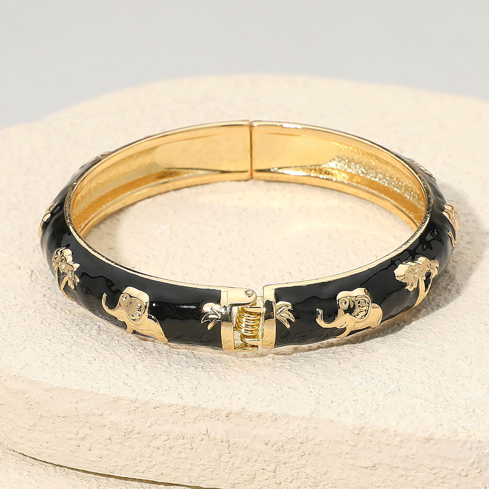 Africa Elephant Theme Enamel Hinged Bangle Bracelet