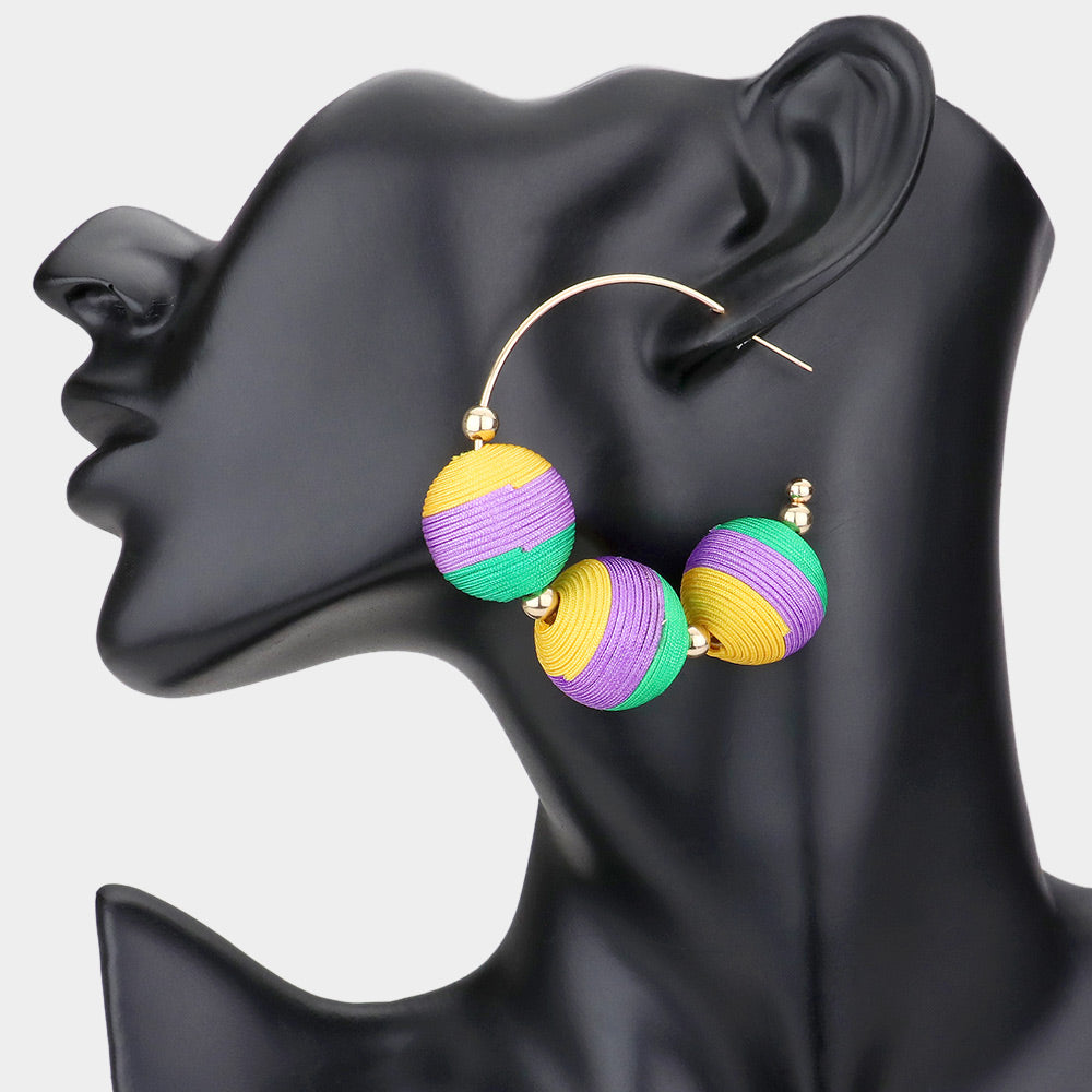 Mardi Gras Thread Ball Accented Hoop Earrings