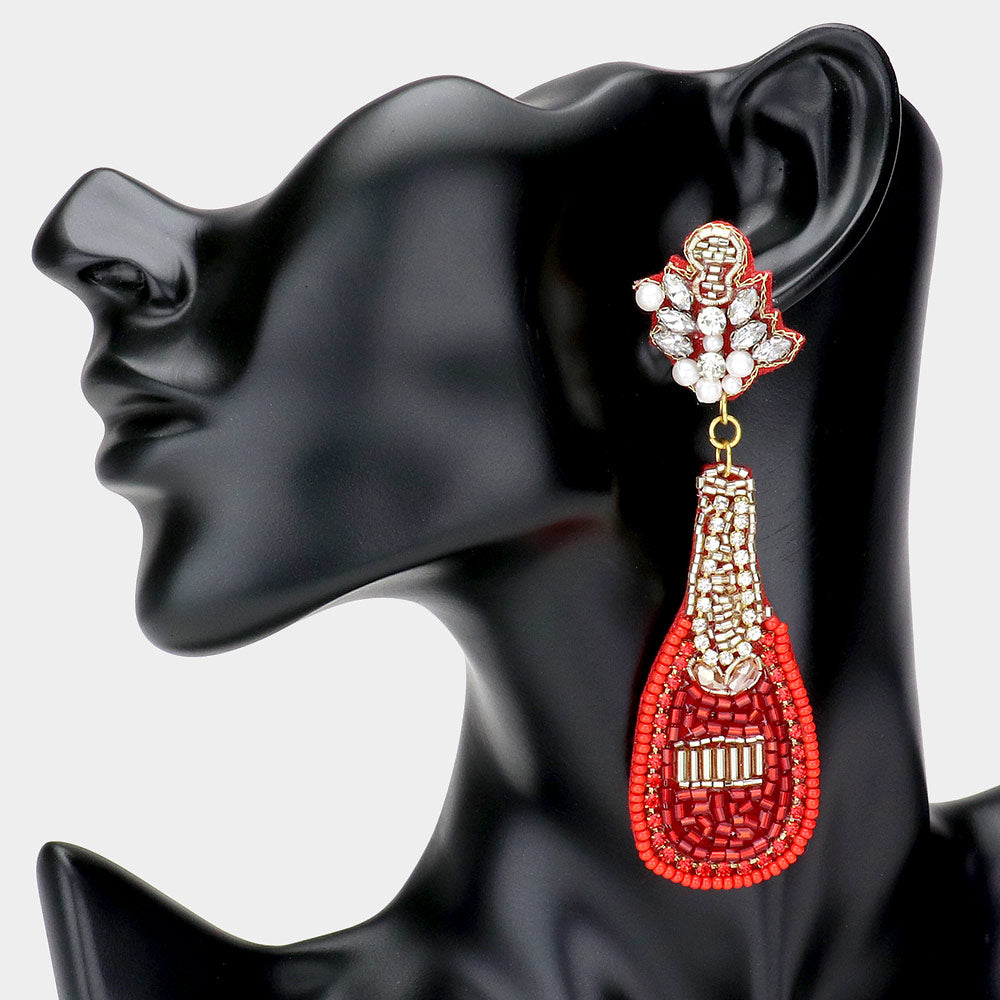 Red Crystal Beaded Champagne Bottle Party Earrings