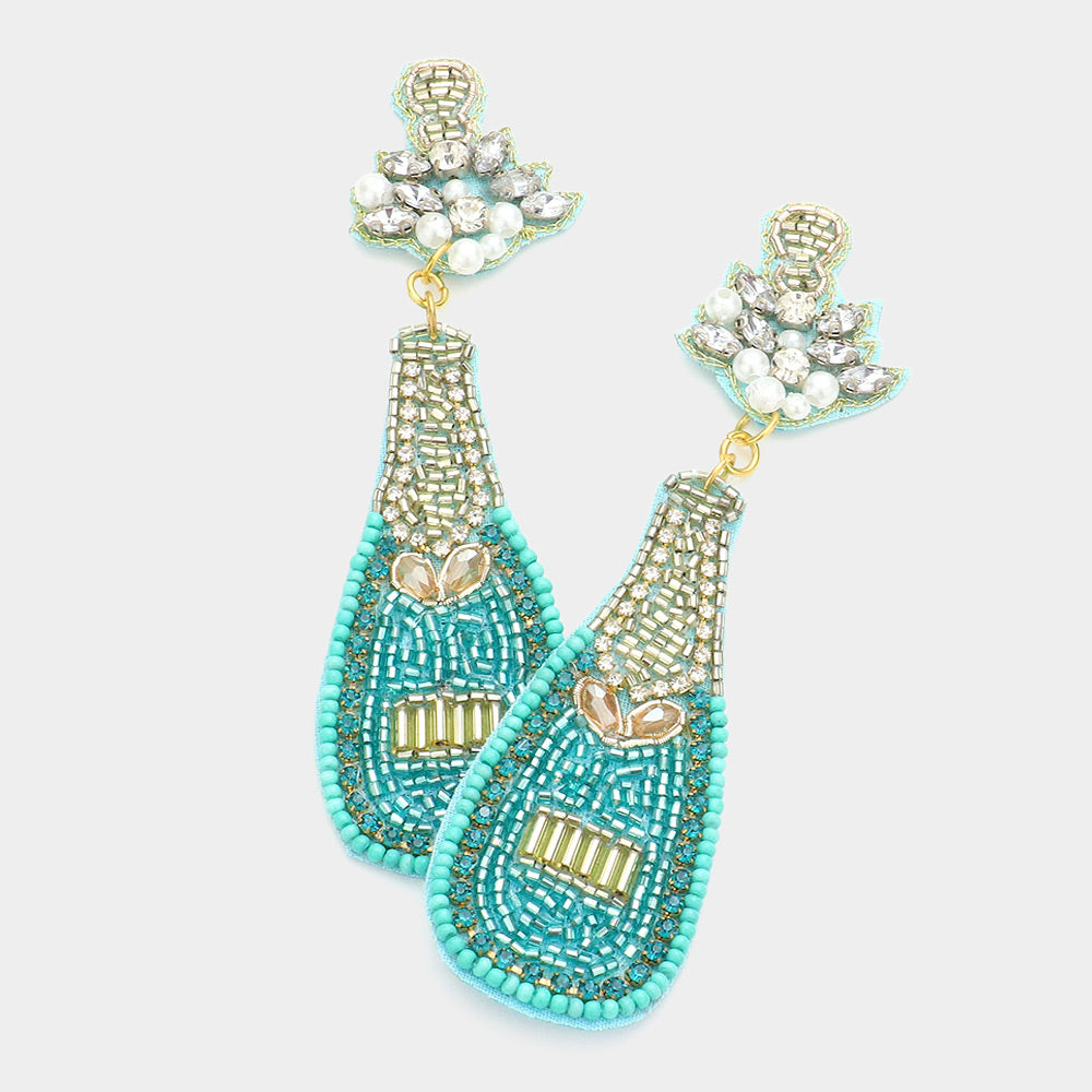 Teal Silver Crystal Beaded Champagne Bottle Party Earrings