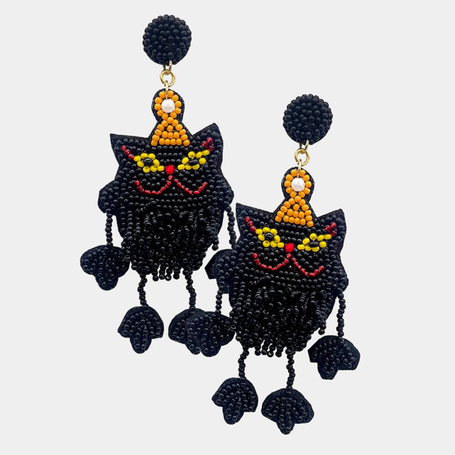 Halloween Black Cat Seed Beaded Dangle Earrings