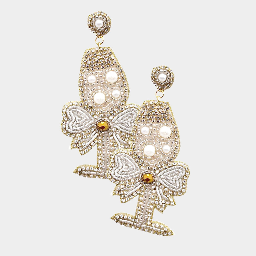 Champagne Flute Pearl Seed Beaded Crystal Earrings