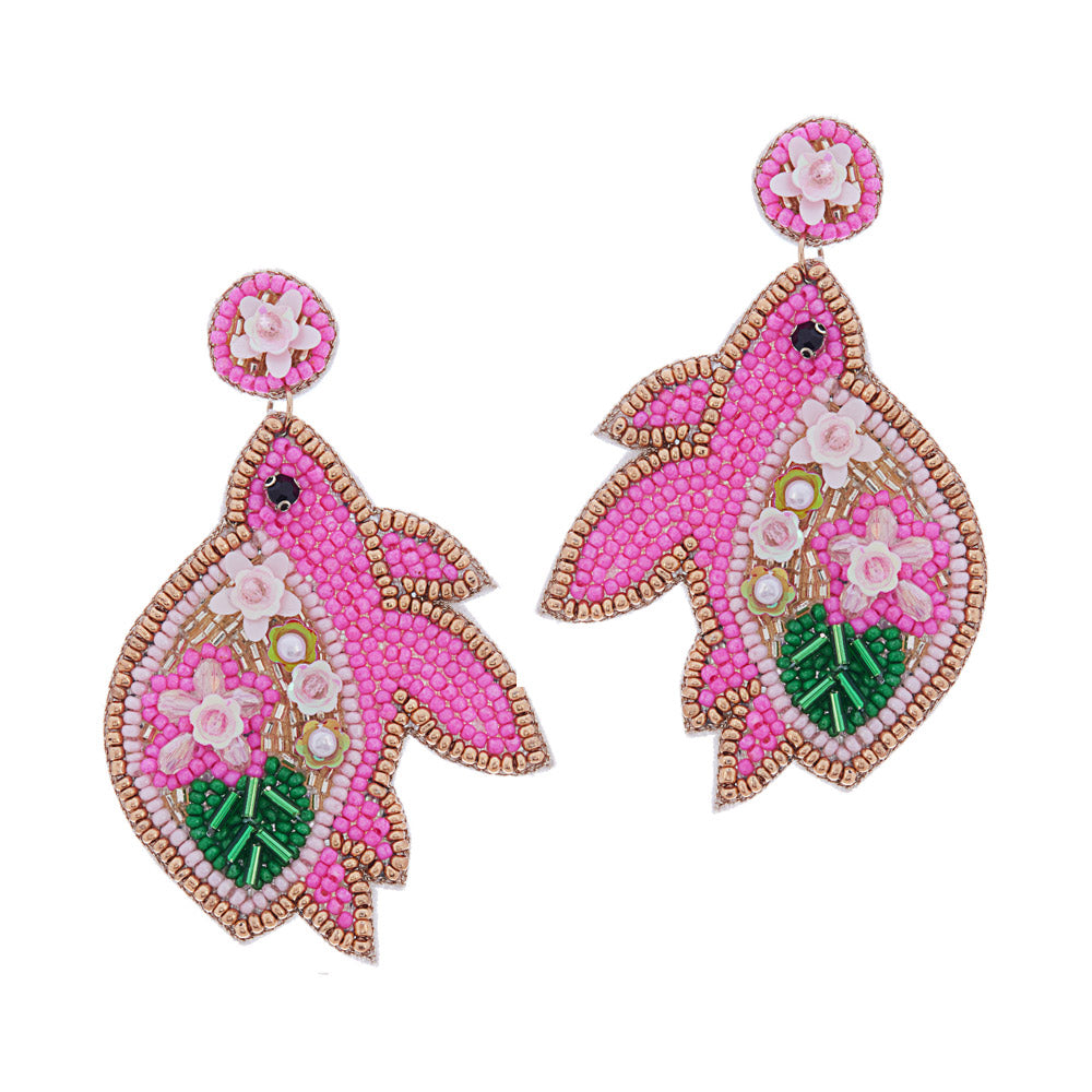 Seed Beaded Pink Floral Sea Turtle Earrings