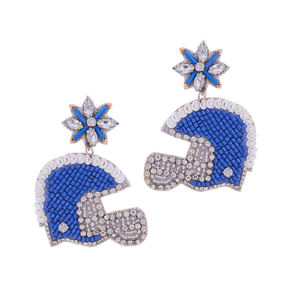 Blue White Football Team Colors Beaded Crystal Helmet Earrings