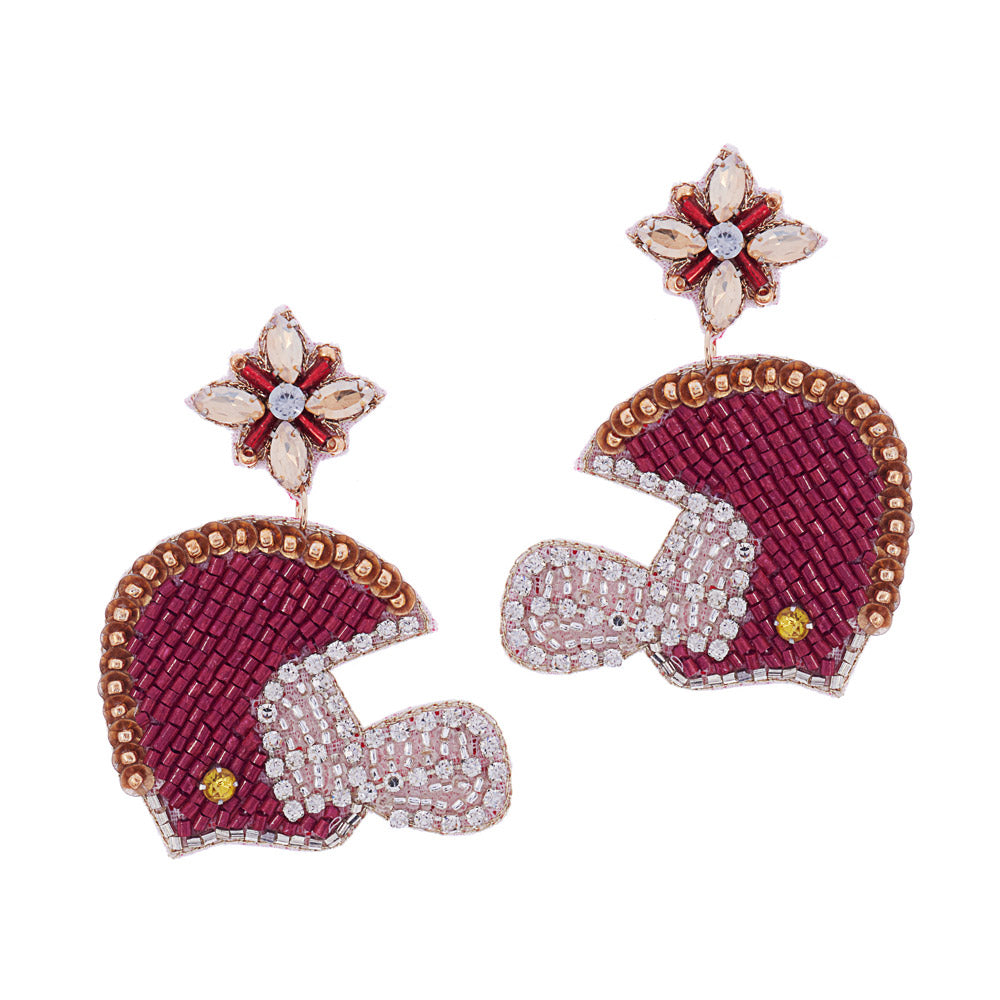 Burgundy Gold Football Team Colors Beaded Crystal Helmet Earrings