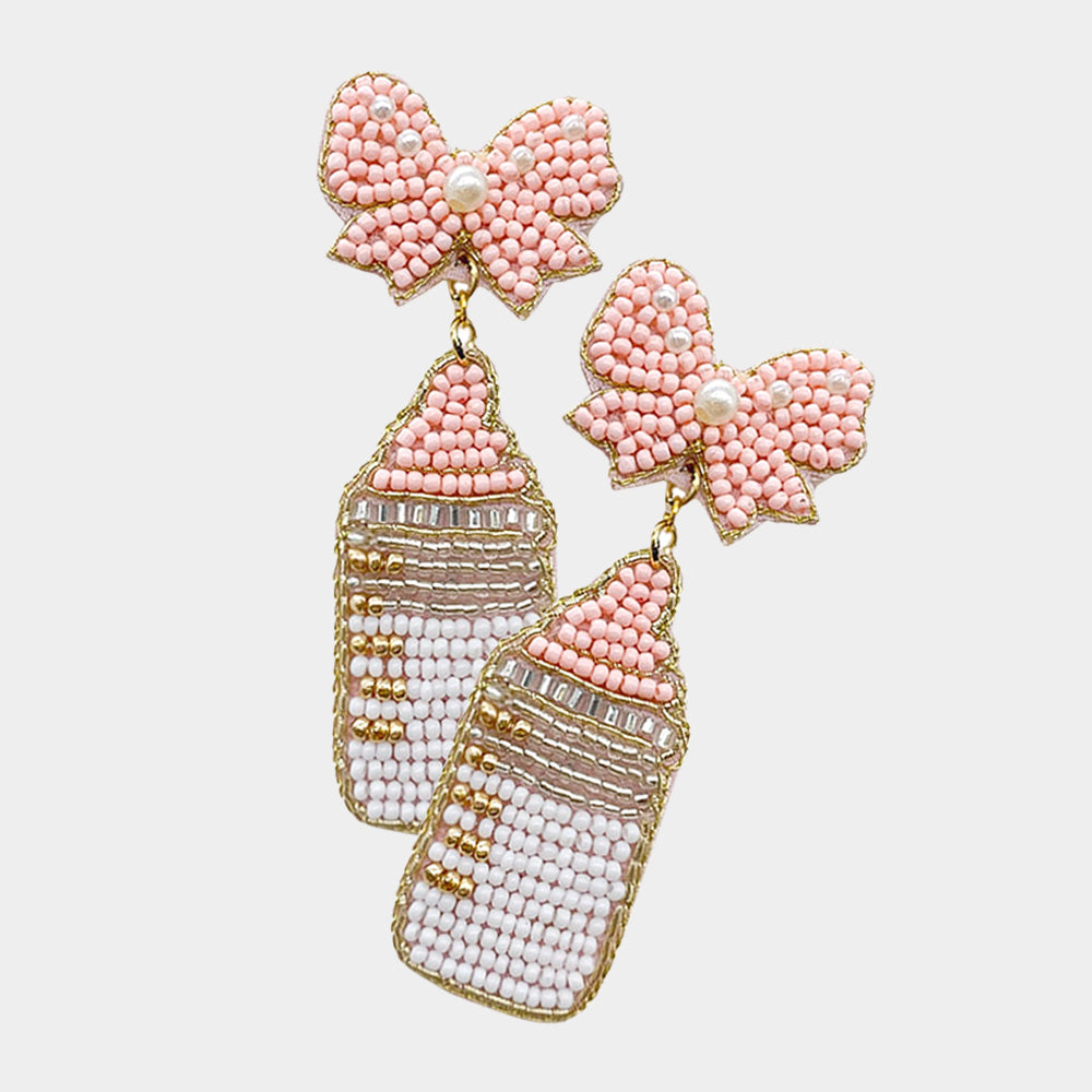 Beaded Blue Pink New Baby Bottle Earrings