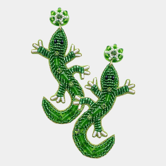 Lizard Gecko Green Beaded Crystal Earrings