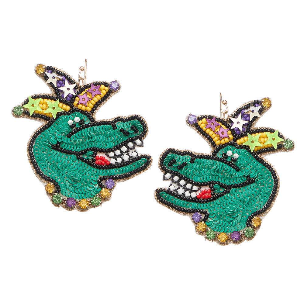 Mardi Gras Beaded Alligator Dangle Earrings