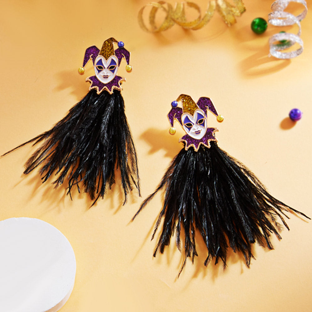 Mardi Gras Glittered Jester Feather Earrings