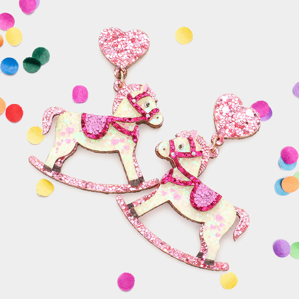 Pink GIRL Blue BABY BOY Glitter Rocking Horse Earrings