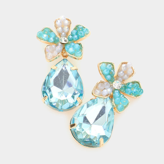 Beaded Flower Teardrop Crystal Earrings