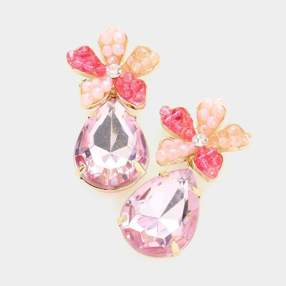 Beaded Flower Teardrop Crystal Earrings