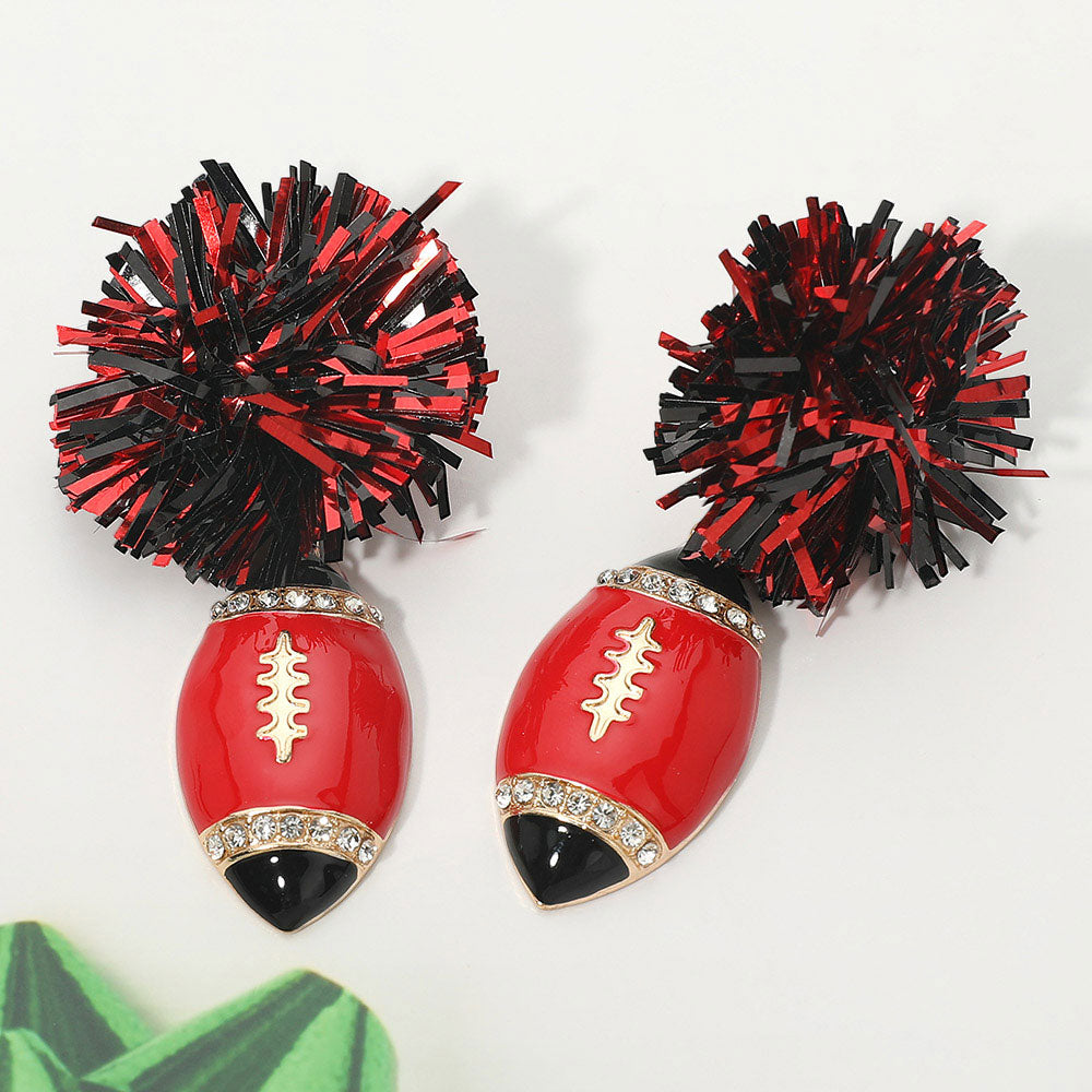 Red & Black Tinsel Gameday Football Earrings