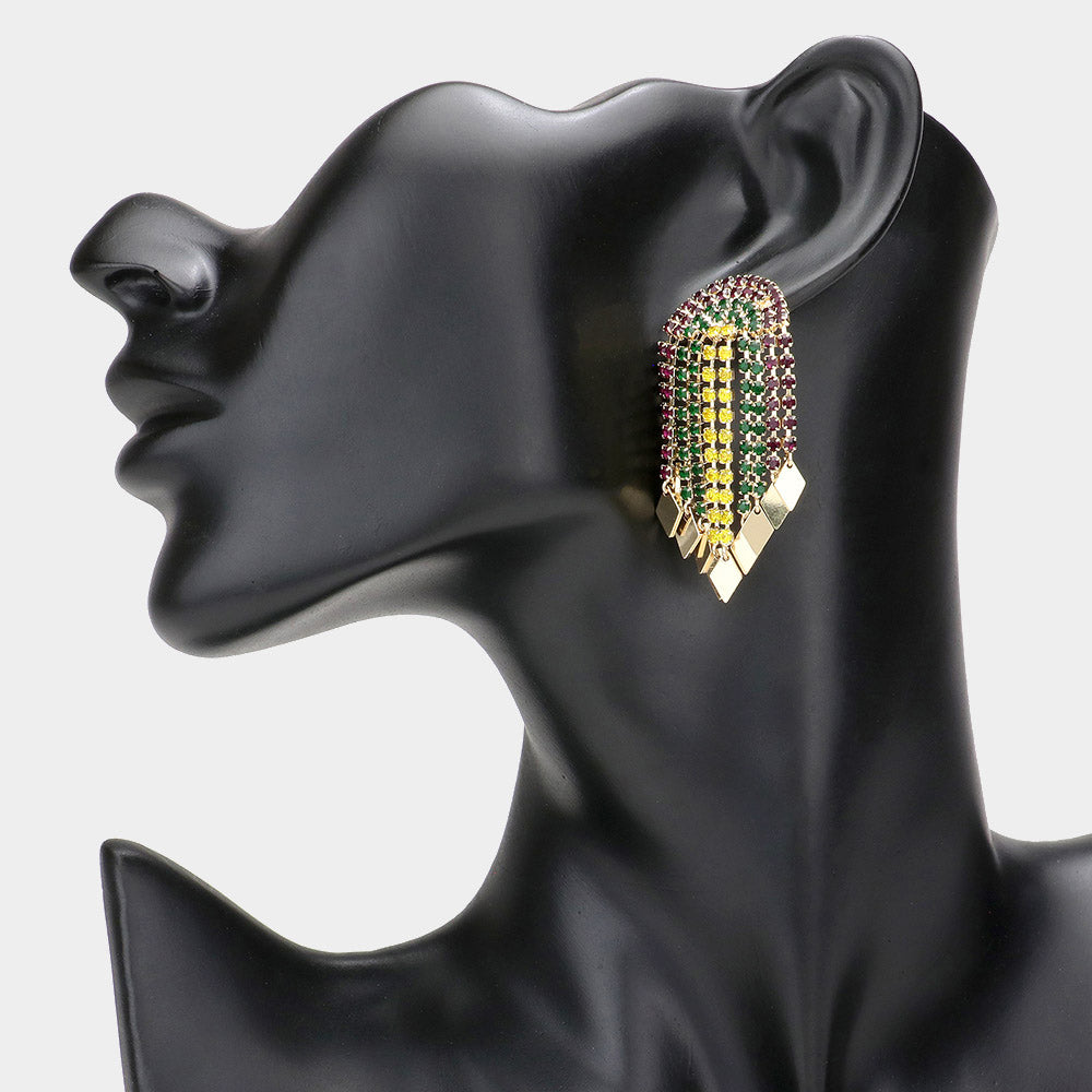 Mardi Gras Rhinestone Half Moon Fringe Earrings