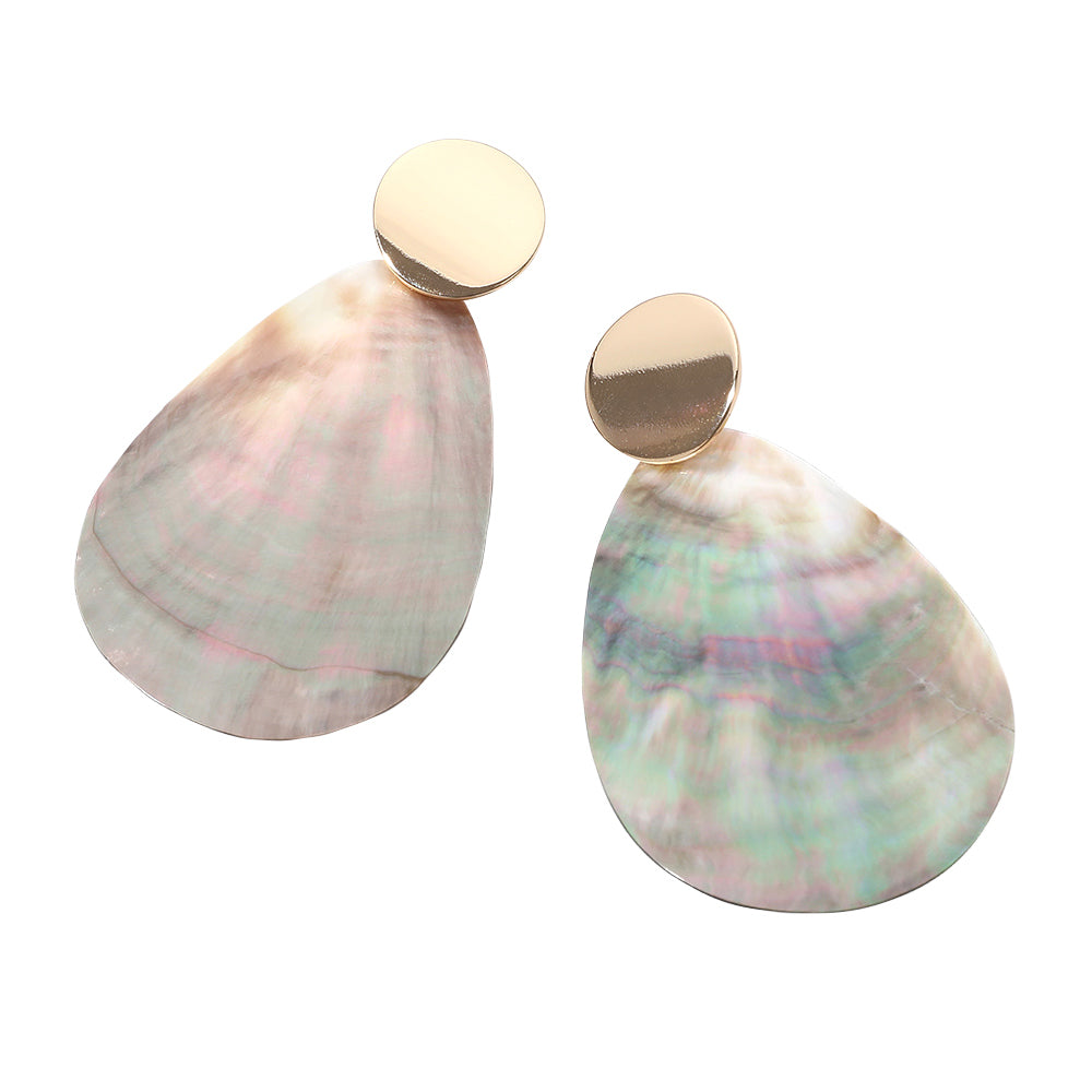 Metal Disc Abalone Shell Teardrop Earrings