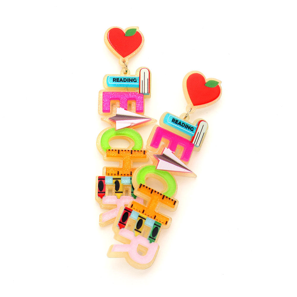 Heart Apple Glittered Teacher School Theme Earrings