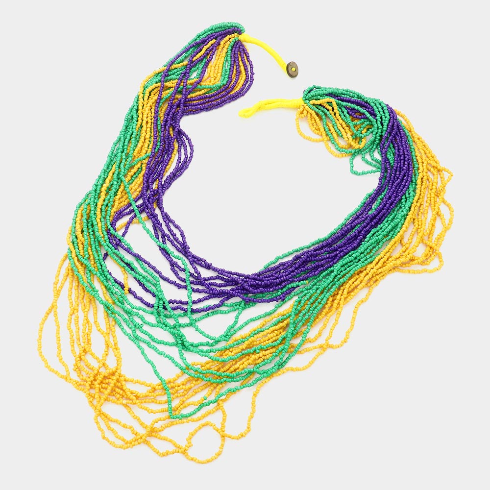 Mardi Gras Beaded Multi Layer Bib Toggle Necklace