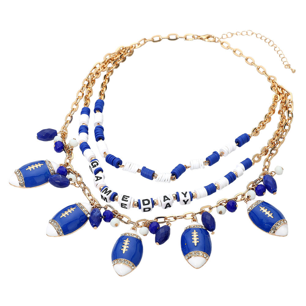Blue White Football Fan Beaded Charm Necklace