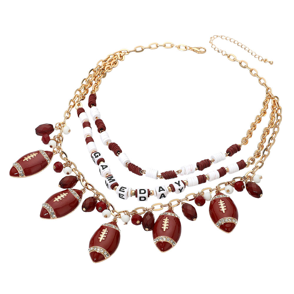 Burgundy Red White Football Beaded Charm Necklace