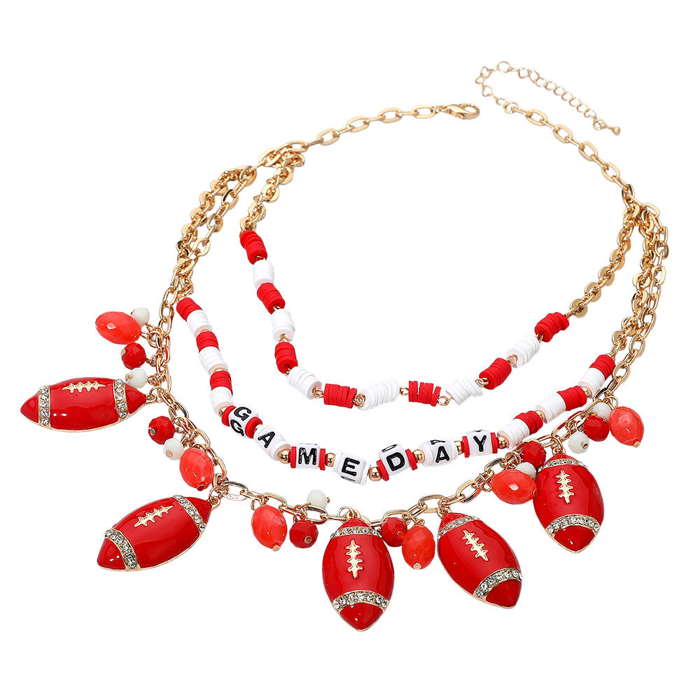 Red White Football Beaded Charm Necklace