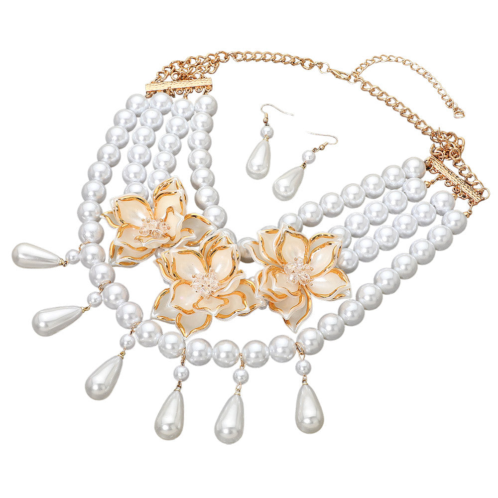 Lola Metallic Leather Flower Pearl Beaded Statement Necklace