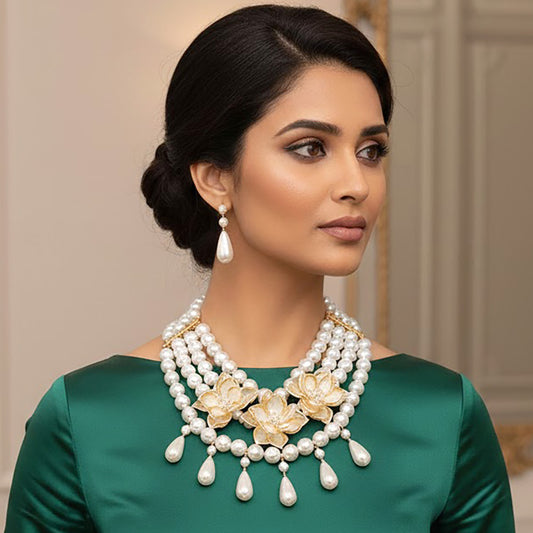 Lola Metallic Leather Flower Pearl Beaded Statement Necklace