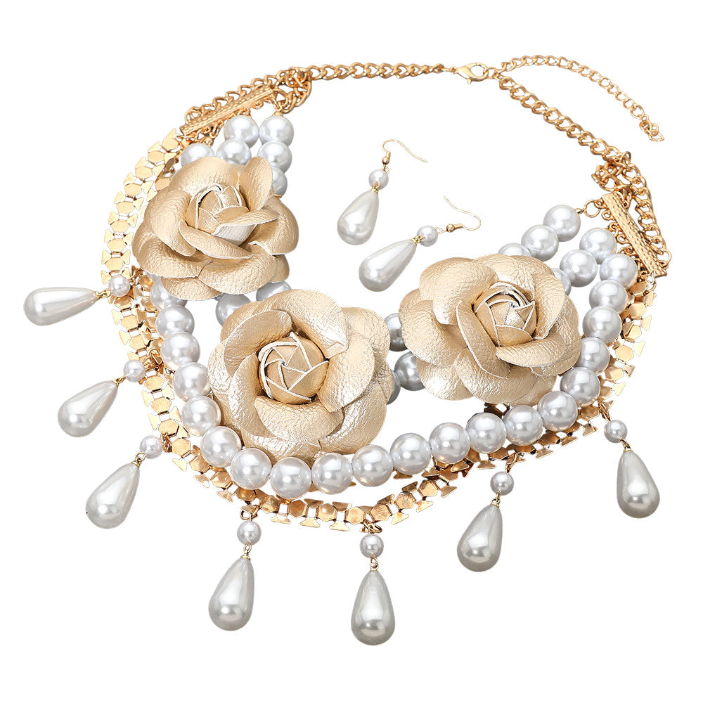 Reese Leather Rose Pearl Beaded Statement Necklace