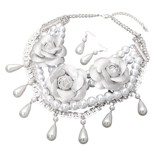 Reese Leather Rose Pearl Beaded Statement Necklace