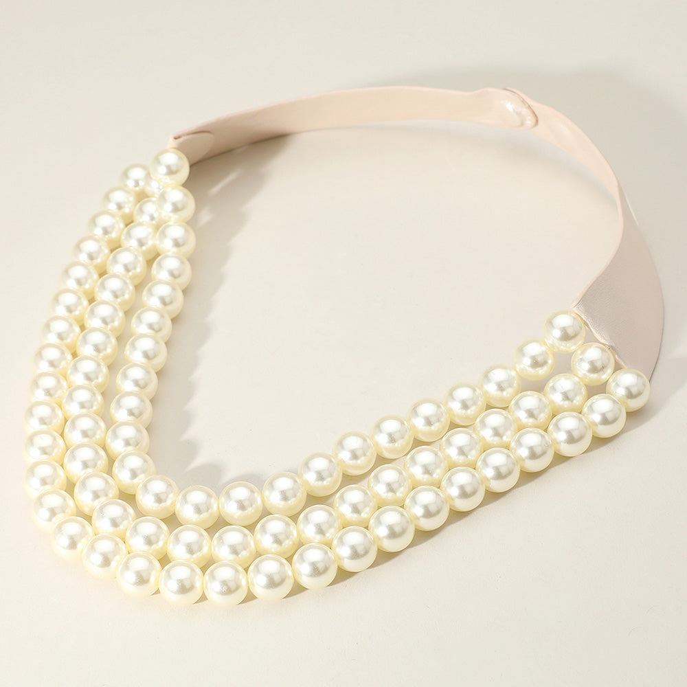 Thea 3-Strand Pearl Beaded Leather Magnetic Collar Necklace