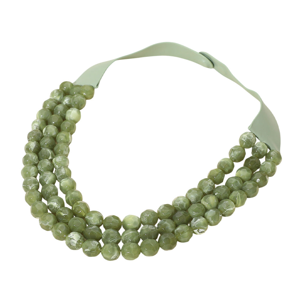Thea 3-Strand Olive Green Beaded Leather Magnetic Collar Necklace