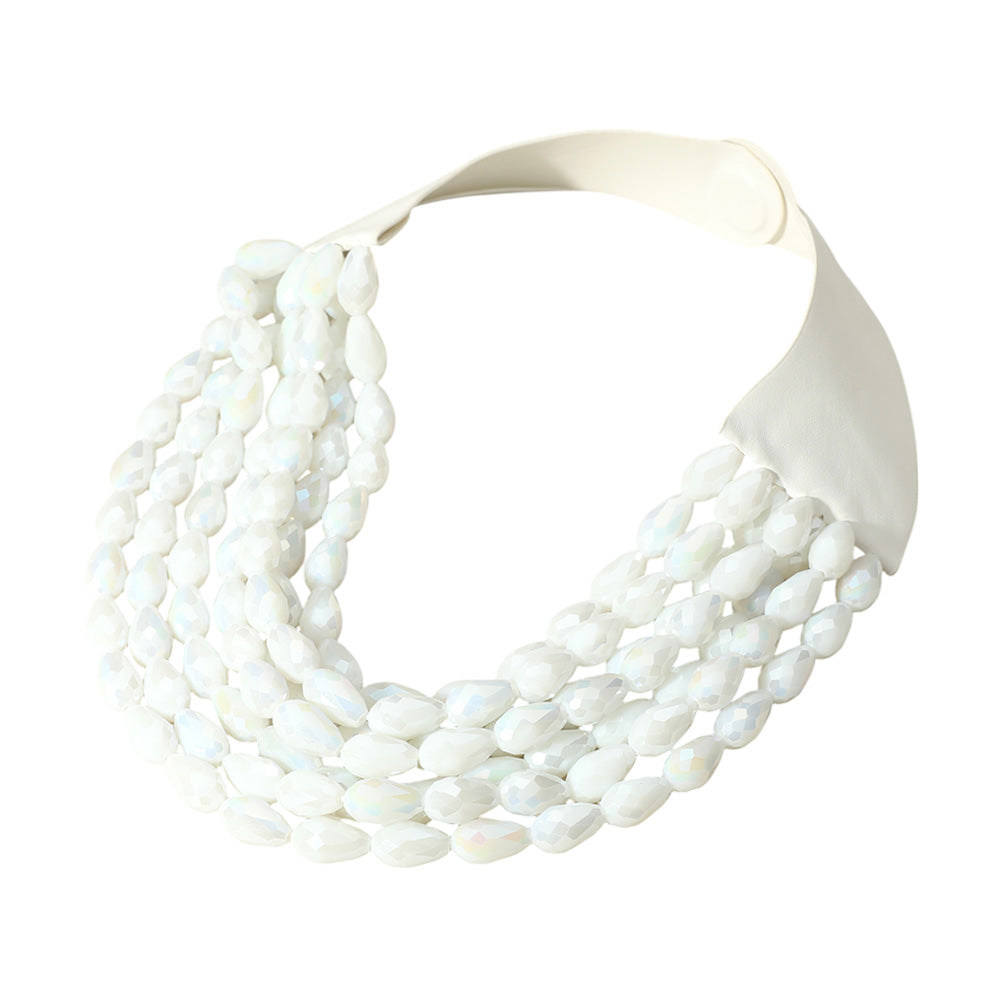 Tessa White Teardrop Beaded Leather Collar Magnetic Necklace