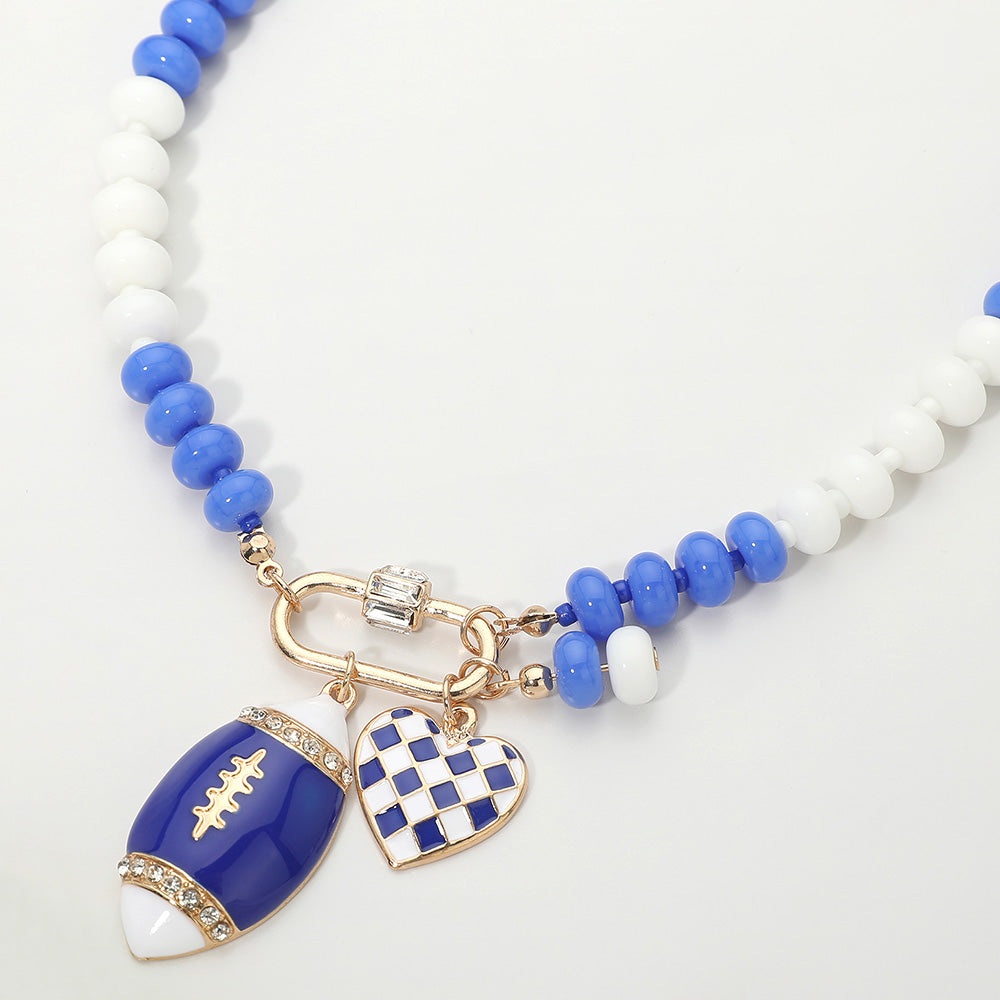 Blue & White Football Team Beaded Charm Necklace