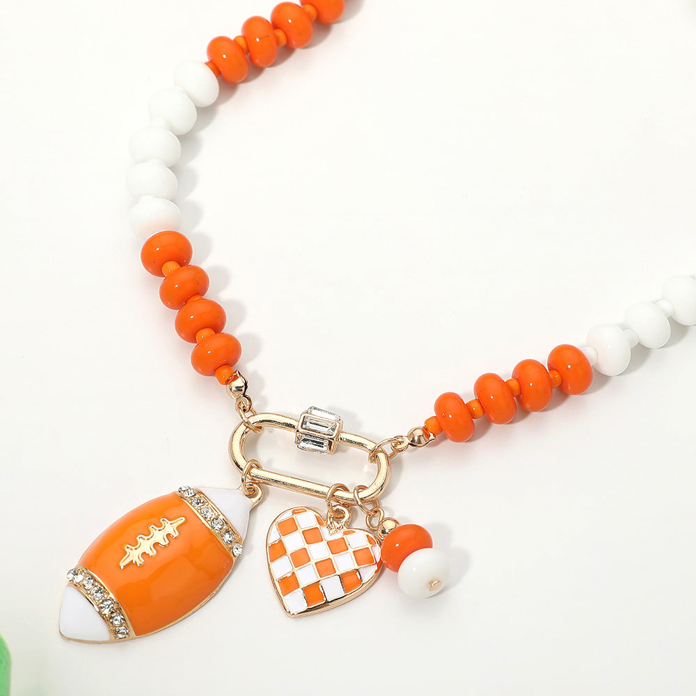 Orange & White Football Team Beaded Charm Necklace