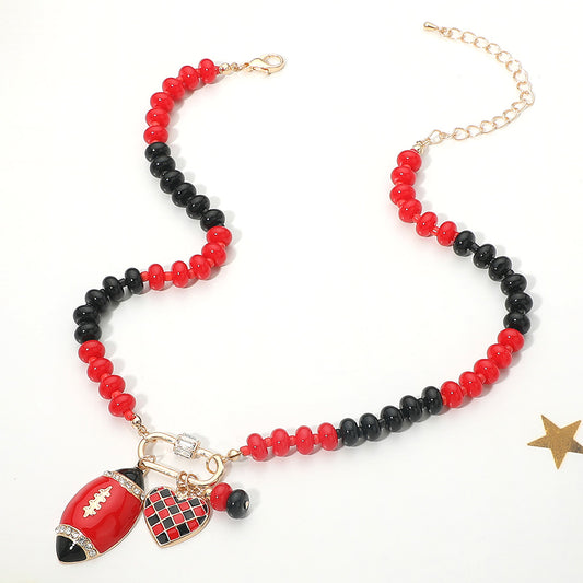 Red & Black Football Team Beaded Charm Necklace