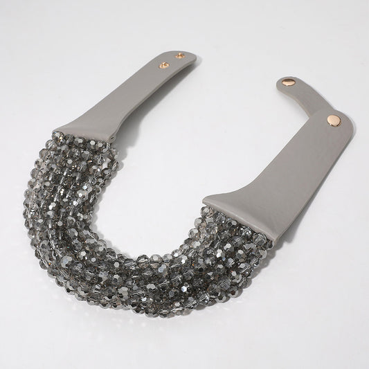 Simone Dark Gray Sparkle Beaded Leather Collar Magnetic Necklace
