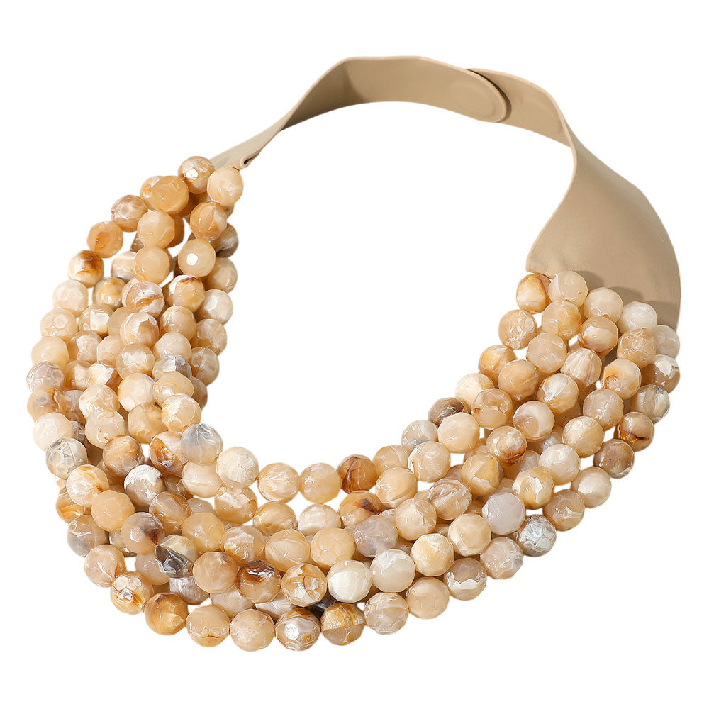 Brook Beige Facet Beaded Leather Magnetic Collar Necklace