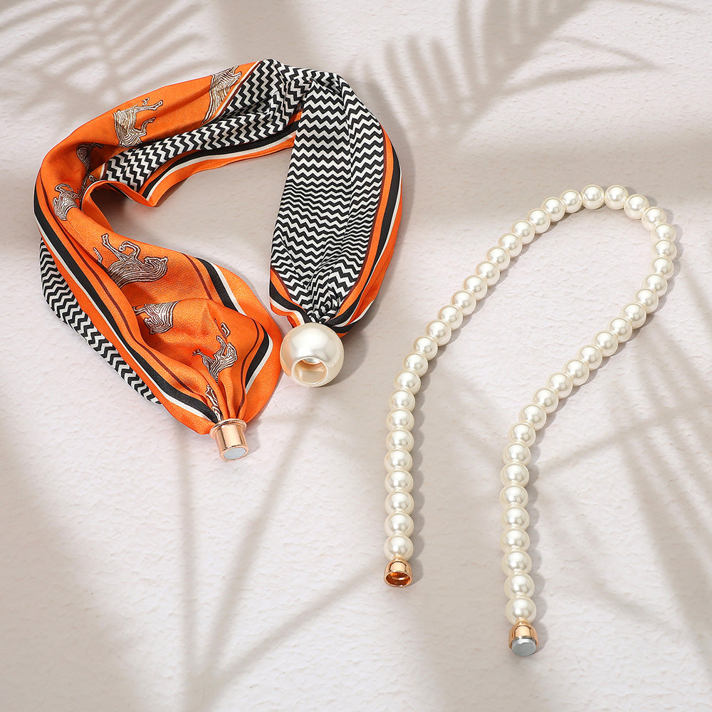 Pattern Print Fabric Scarf Pearl Necklace