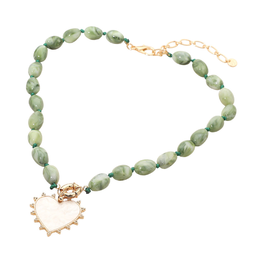 Mother of Pearl Heart Green Beaded Necklace
