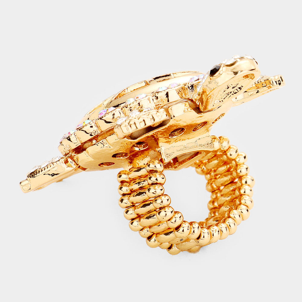 Crystal Rhinestone Pink Green Turtle Stretch Ring