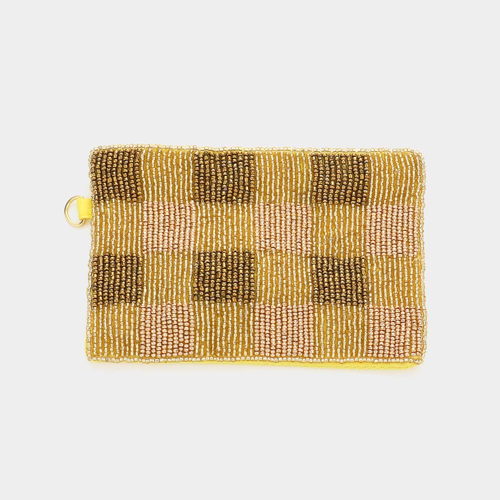Gold Patterned Seed Beaded Mini Pouch Wristlet Chain Bag